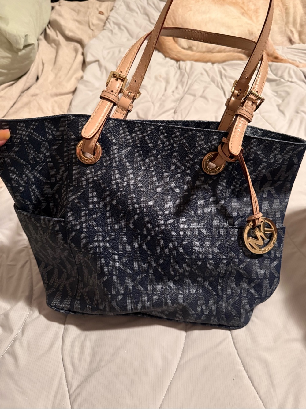 Michael Kors Navy MK Logo Tote with Tan Leather Straps
